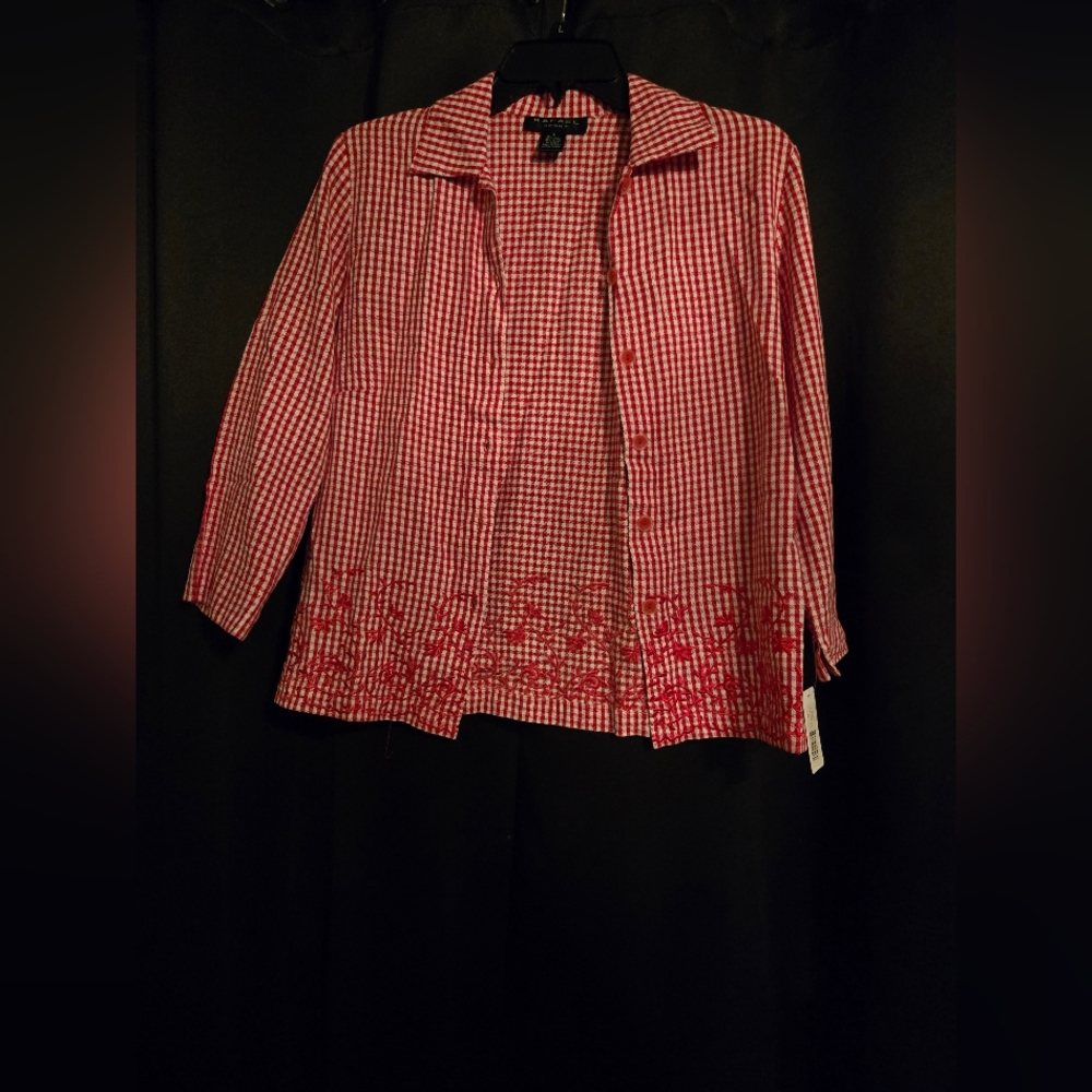 Rafael Sport Red Gingham Linen Blend Button Front Top | Size S